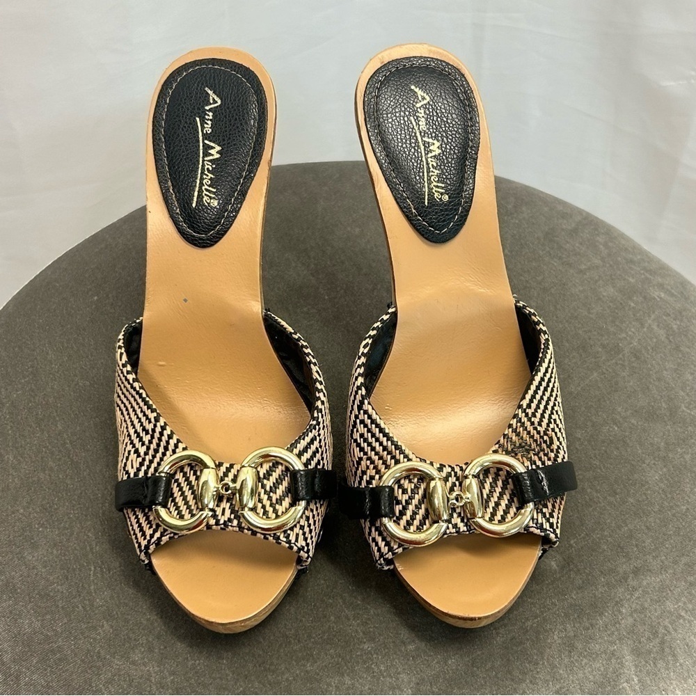 Anne Michelle black cream woven horsebit wooden cone heel clog mules Sz 8🇨🇦
